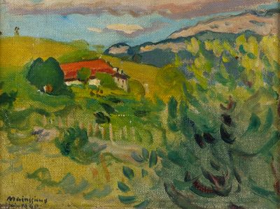 an oil painting of a landscape with a red roofed house in the distance