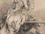 drawing of a woman sitting on a chair holding a fan