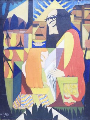 painting of a woman reading a book in a park