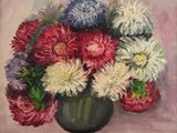 a painting of flowers in a vase on a table