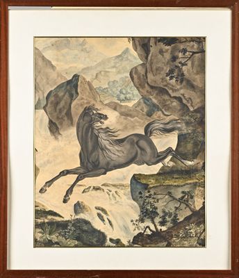 tableau représentant un cheval sautant par-dessus une falaise, avec une cascade en arrière-plan