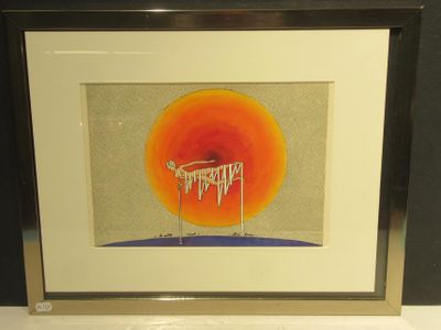 framed picture of a picture of a painting of a sun and a tree