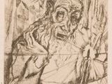 drawing of an old man sitting at a table with a knife in his hand