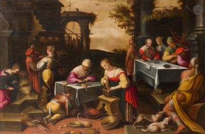tableau représentant un groupe de personnes assises autour d'une table sur laquelle se trouvent des plats