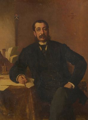 tableau représentant un homme assis à une table, avec une bouteille de vin en arrière-plan