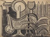 reproduction d'un dessin en noir et blanc représentant une chaise et une horloge