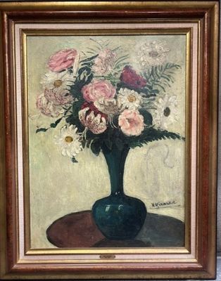 a painting of flowers in a green vase on a table