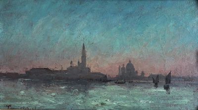 a painting of a view of a city from the water
