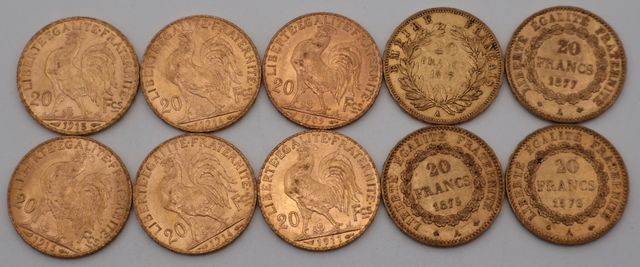 Dix pièces de monnaie en or à valeur faciale de vingt francs (dif...