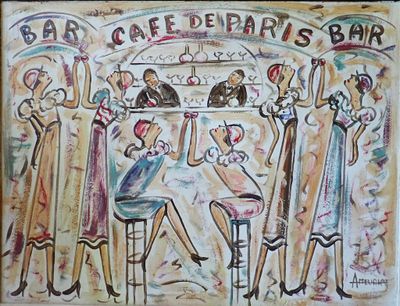 tableau représentant un groupe de personnes assises à un bar, un verre à la main