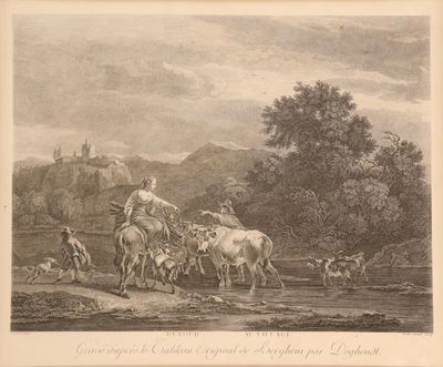 un dessin représentant un homme à cheval avec un troupeau de bovins