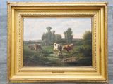 une image d'une peinture de vaches dans un champ