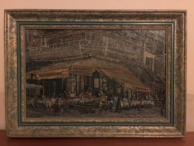 Café Parisien. Huile sur panneau encadrée signée en bas à droite,...