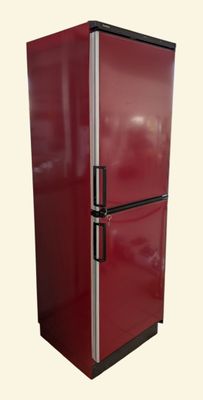 an image of a red refrigerator against a white background