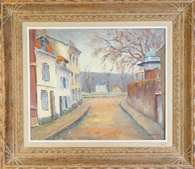 une peinture à l'huile représentant une scène de rue avec une personne marchant dans la rue