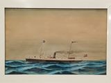 tableau représentant un grand bateau en pleine mer, d'où s'échappe de la fumée