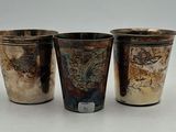 three silver cups sitting next to each other on top of a table