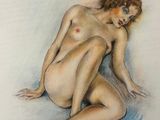 drawing of a nude woman sitting on the ground with her legs crossed