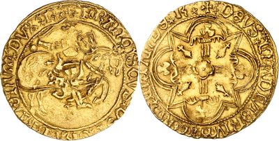 une pièce d'or avec l'image d'un homme sur un cheval