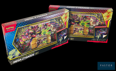 On voit deux boîtes de cartes à collectionner Pokémon sur un fond noir.