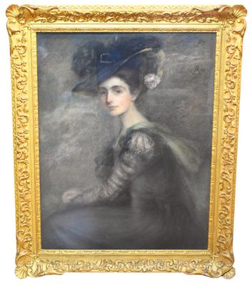 École anglaise (monogramme) Portrait de femme au chapeau Gra…