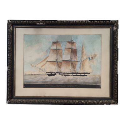 a painting of a ship in the water with a flag on it
