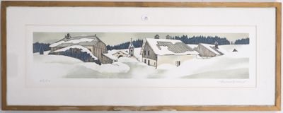 a picture of a picture of a house in the snow