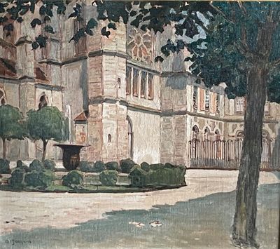 un tableau représentant un bâtiment avec une fontaine devant