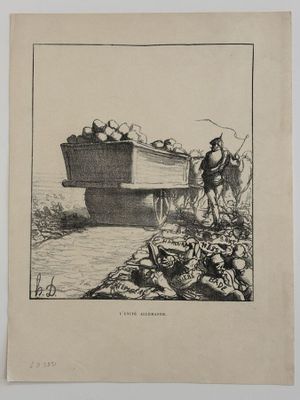 an old drawing of a man on a horse pulling a boat