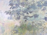 a painting of a bird sitting on top of a tree