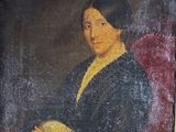 tableau représentant une femme assise sur une chaise rouge, la main posée sur l'accoudoir