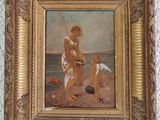 an old painting of a woman and a dog on a beach