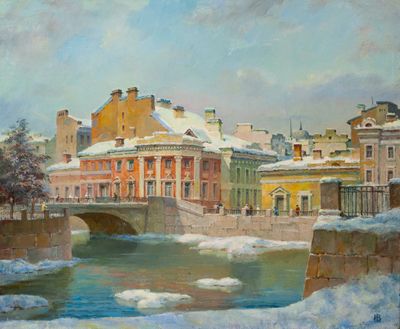 an oil painting of a bridge over a river with buildings in the background