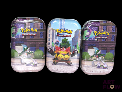 three tins of pokemon toys on a black background