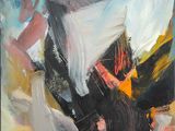 an abstract painting of black, white, and orange colors
