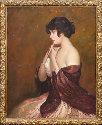 une peinture à l'huile représentant une femme en robe rouge, la main posée sur le menton