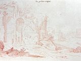 an old drawing of a castle with a tower in the background