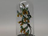 a glass clochet with butterflies in it on a table