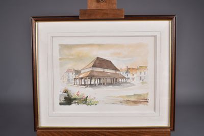 aquarelle encadrée représentant un belvédère, posée sur un chevalet en bois
