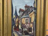 painting of a street scene with a horse drawn carriage in a gold frame