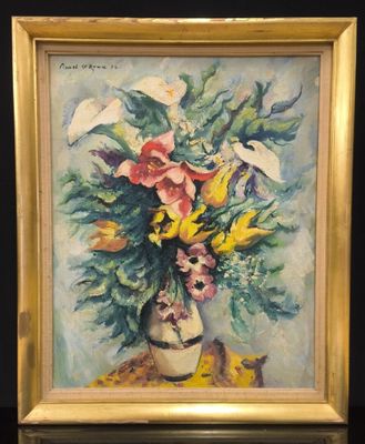 une peinture de fleurs dans un vase sur une table