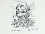 dessin au crayon représentant la tête d'un homme, avec un arbre au premier plan