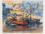 a painting of a boat in the water with buildings in the background