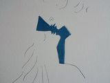 drawing of a woman with a blue hat and a blue scarf