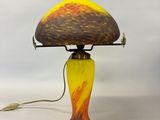 pair of art deco table lamps with yellow and orange glass shade