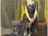 tableau représentant une femme en robe noire assise sur un banc