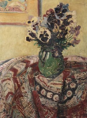 une peinture de fleurs dans un vase sur une table
