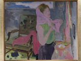 un tableau représentant une femme portant un foulard rose