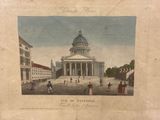 a drawing of a building with people walking around it