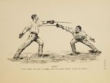 an old drawing of two men playing a game of fencing